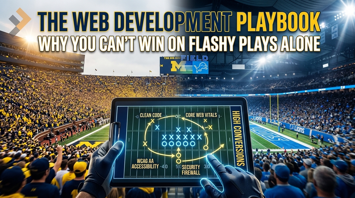 Split view of a stadium combining Maize and Blue collegiate football fans with Honolulu Blue professional stadium lights, featuring a coach holding a digital playbook tablet mapping web architecture terms toward a high conversions end zone.