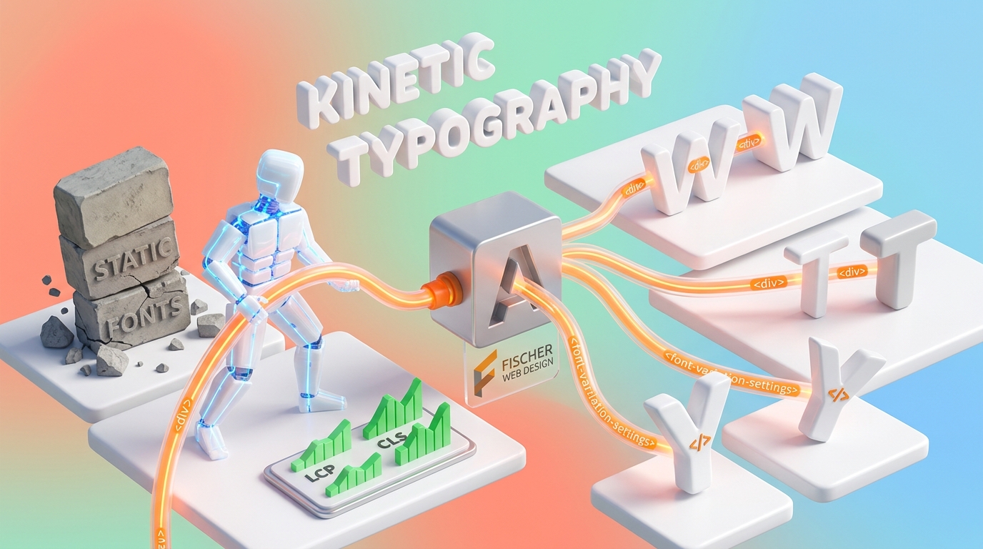 Bright 3D minimalist animation showing a glowing data line flowing through a central block to power multiple responsive letterforms on the right, leaving collapsed static font blocks on the left.