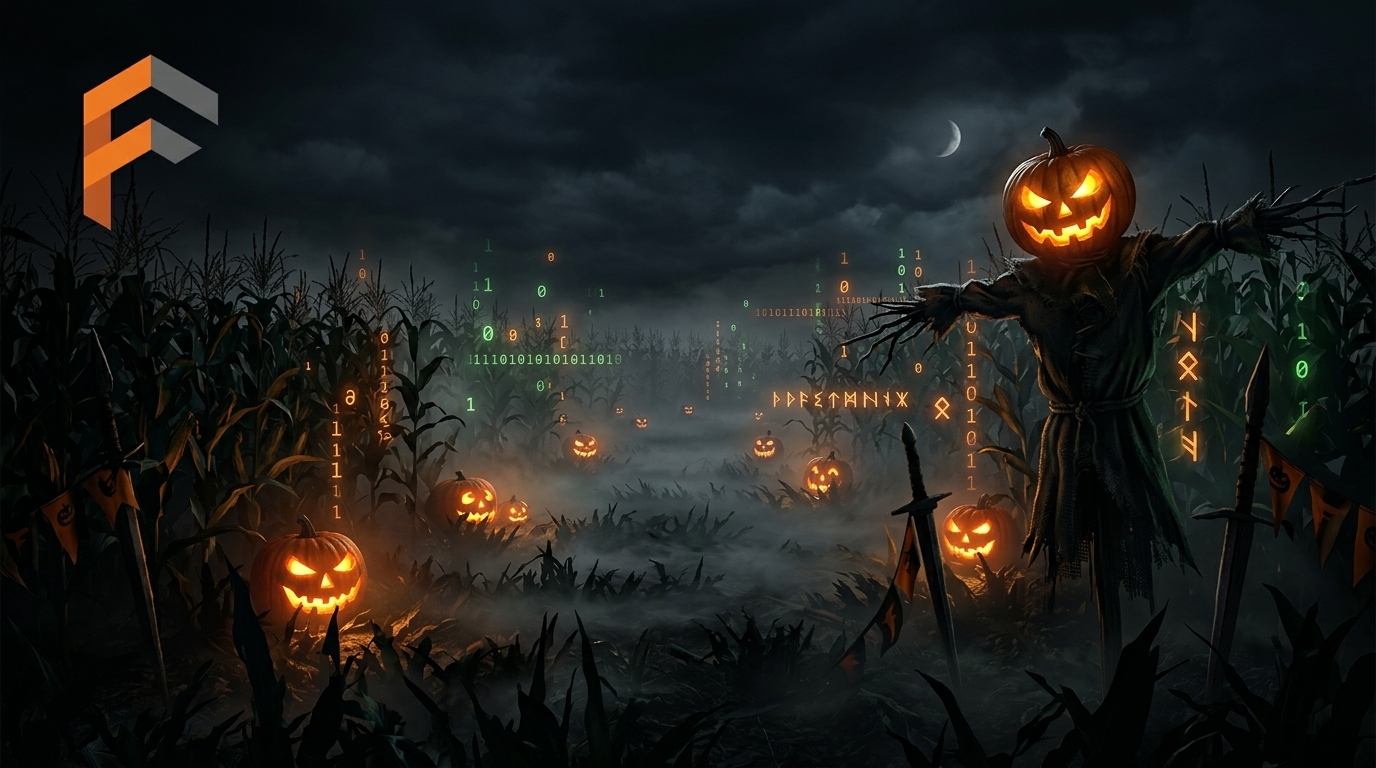 A dark, atmospheric Halloween scene in a foggy cornfield at night, featuring glowing carved jack-o'-lanterns, a pumpkin-headed scarecrow, and floating luminous digital code streams and ancient runes in the mist.